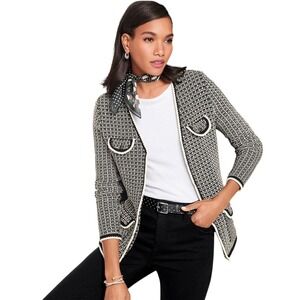 Talbots Women's Tipped Tweed Sweater Jacket Medium Black White Cardigan Crest